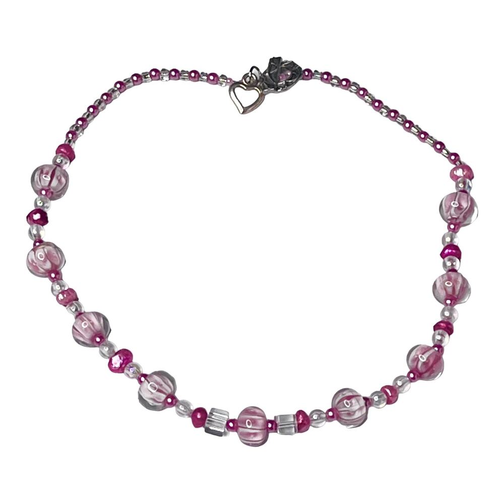 Murano Glass Bead Necklace Pink Flower Clear Pearlescent Beaded Toggle Clasp Vtg